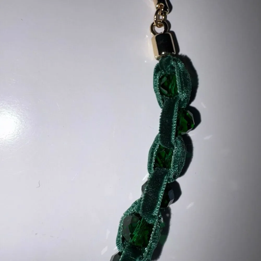 Chicos Green Velvet Ribbon & Gemstone Adjustable Necklace New Gold Tone Hardware